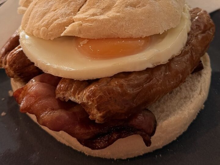 sausage, bacon, egg bap